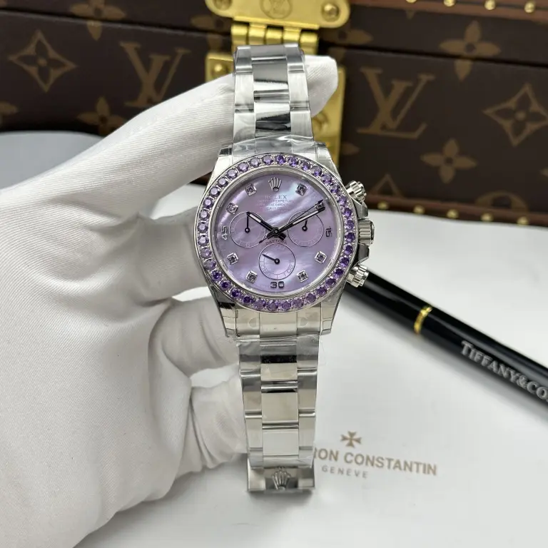 Rolex Daytona Mother Of Pearl Purple Dial 40mm SS (Super Clone) Bezel Stone CZ – Calibre 4130 Automatic