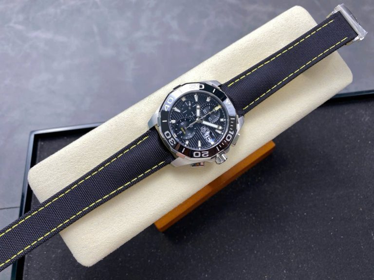 TAG Heuer Aquaracer 43mm SS (Super Clone) Black Dial on Black Leather Strap – Quartz Movement