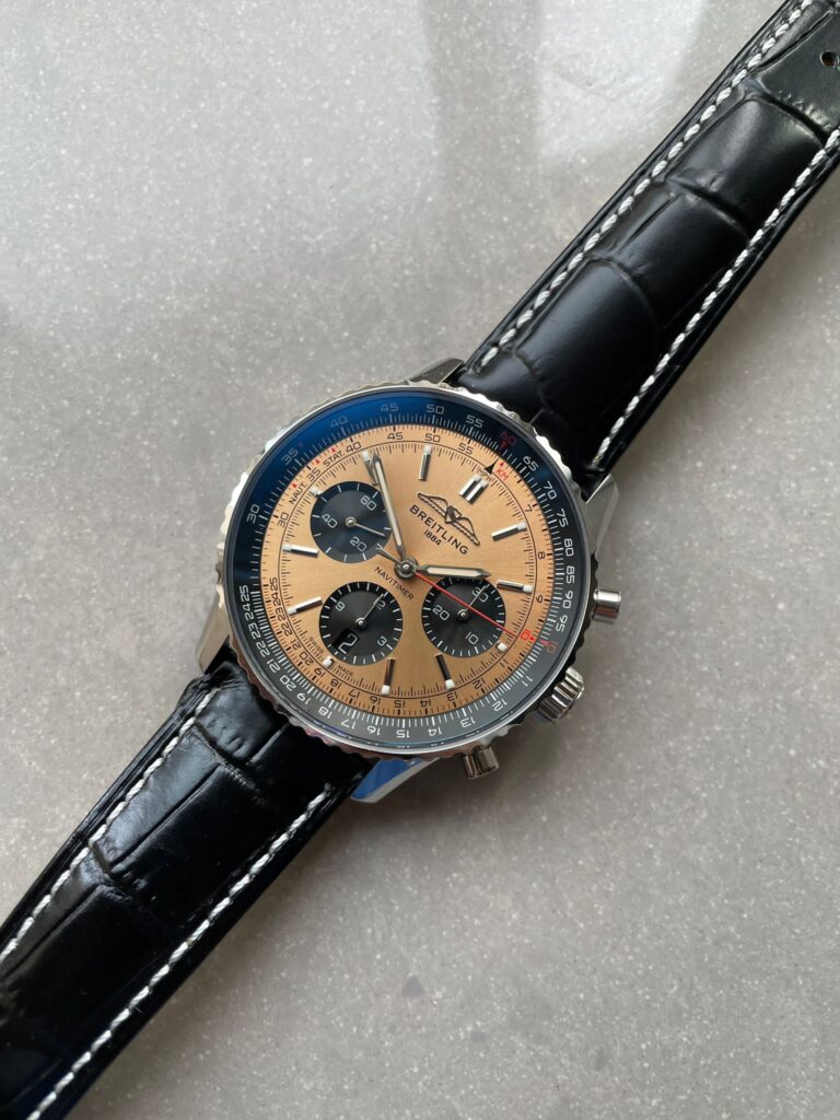 Breitling Navitimer 01 43mm SS (BLS Factory Super Clone) Salmon Dial on Brown Leather Strap – A7750 Automatic