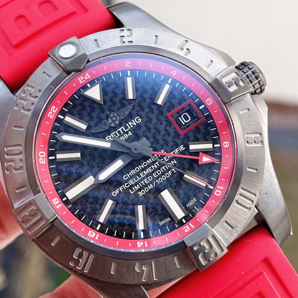 Breitling Avenger GMT SS (GF 1:1 Best Edition) Black Dial with Stick Markers on Red Rubber Strap – A2836 V2 Limited Edition