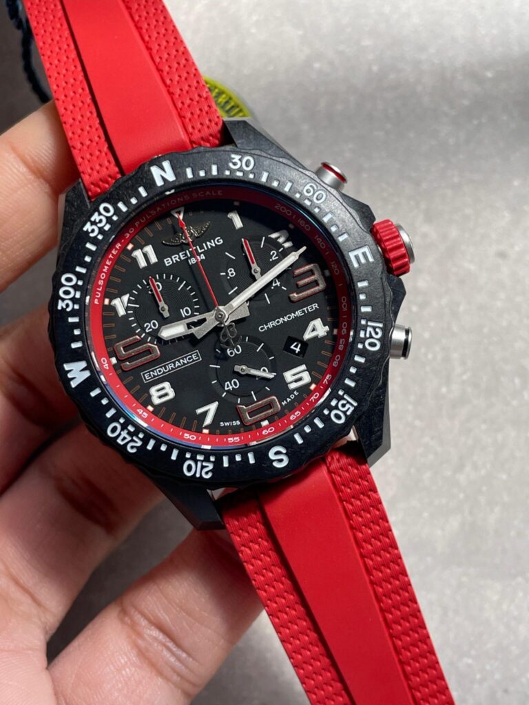 Breitling Endurance Pro OGF 44mm Black Steel (Super Clone) Black Dial on Red Rubber Strap – Breitling B77 Quartz Movement