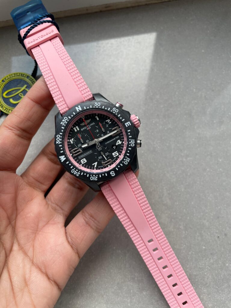Breitling Endurance Pro OGF 44mm Reinforced Polymer (Super Clone) Black Dial on Pink Rubber Strap – Quartz Caliber B74