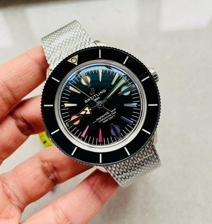 Breitling SuperOcean Heritage 57 57mm SS (GF 1:1 Super Clone) Black Dial with Colorful Markers on Stainless Steel Mesh Bracelet – A2824