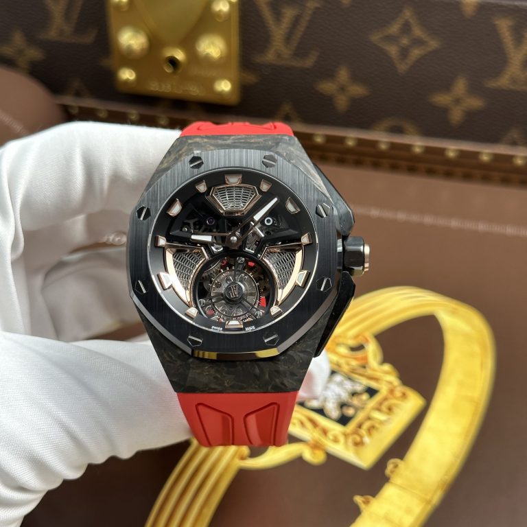 Audemars Piguet Royal Oak Concept Flying Tourbillon UAE Version 42mm Brushed Stainless Steel (Super Clone) Skeleton Dial on Red Rubber Strap – Clone AP Calibre 2954