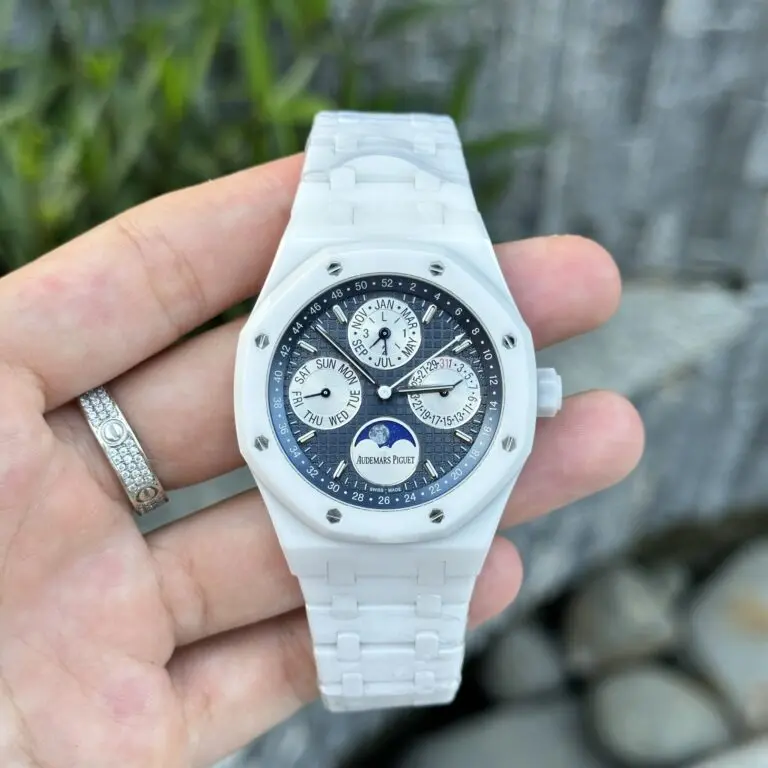 Audemars Piguet Royal Oak Perpetual Calendar 26579CB 42mm White Ceramic (Super Clone) Silver Dial with White Ceramic Bracelet – Calibre 5134