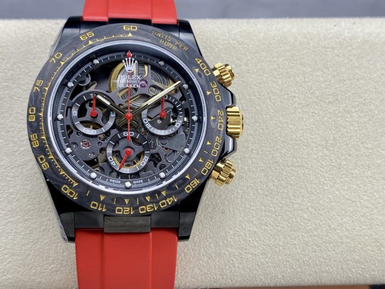 Rolex Daytona (Blaken Skeleton) 40mm SS (Super Clone) Skeleton Dial on Red Rubber Strap – Automatic Chronograph 28,800 vph