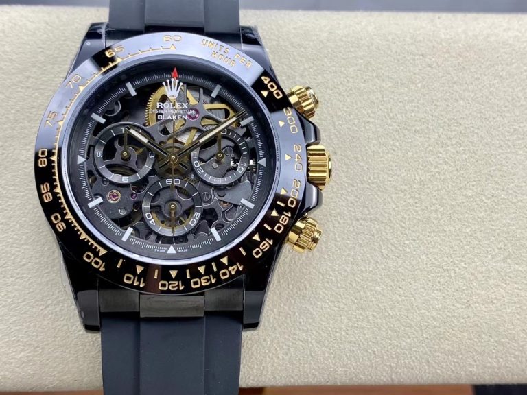 Rolex Daytona Blaken Skeleton Dial 40mm SS (Super Clone) on Rubber Strap – Clone Caliber 4130