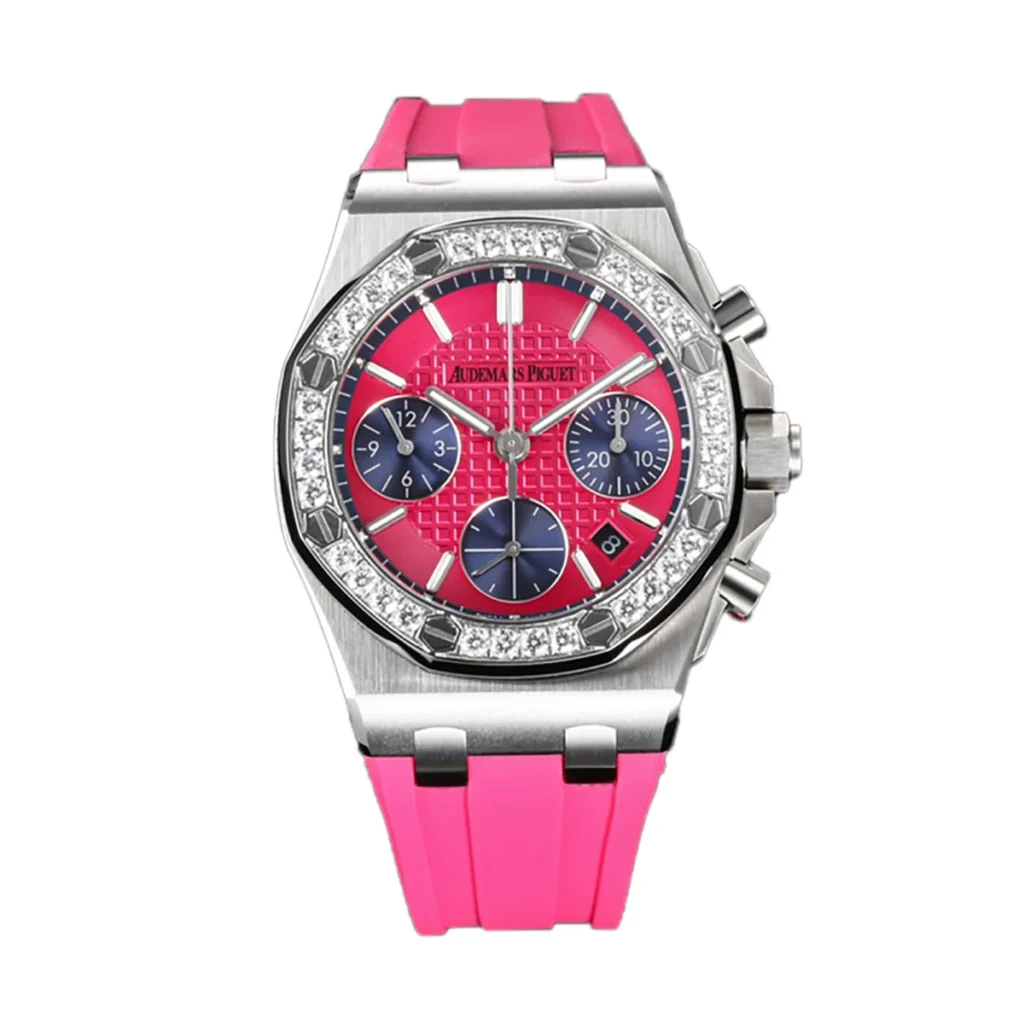 Audemars Piguet Royal Oak Offshore 37mm SS (Super Clone) Pink Dial with Diamond-set Bezel on Pink Rubber Strap – AP Caliber 2385