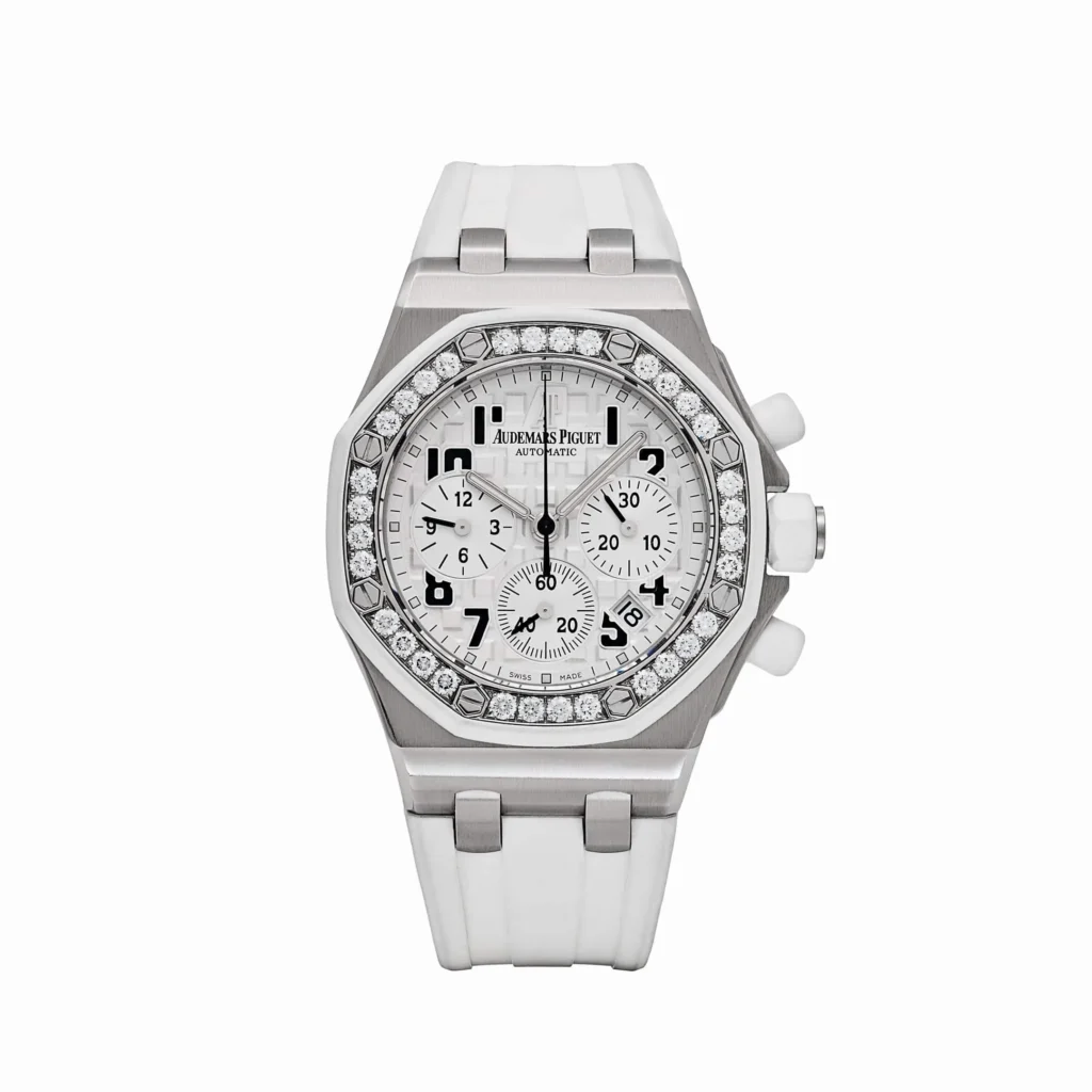 Audemars Piguet Royal Oak Offshore 42mm SS (Super Clone) White Dial with Diamond Bezel on Stainless Steel Bracelet – AP Caliber 3126