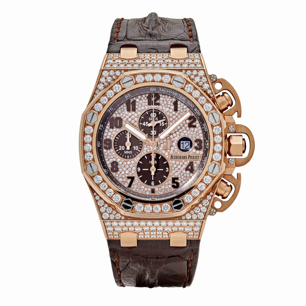 Audemars Piguet Royal Oak Offshore Chronograph 44mm 18K Rose Gold (Super Clone) Pave Diamond Dial with Rubber Strap – AP Calibre 3126/3840
