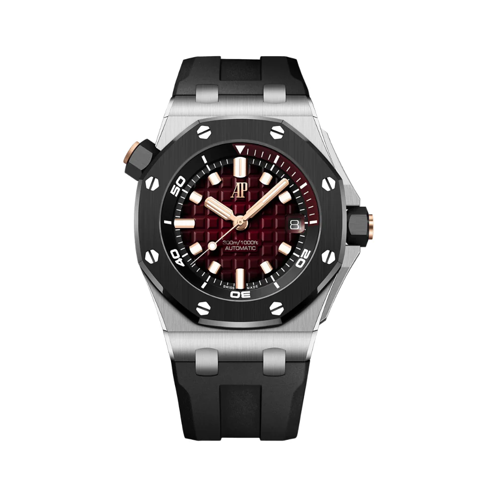 Audemars Piguet Royal Oak Offshore Diver 42mm White Gold (Super Clone) Smoked Red Dial on White Rubber Strap – Clone AP 3120