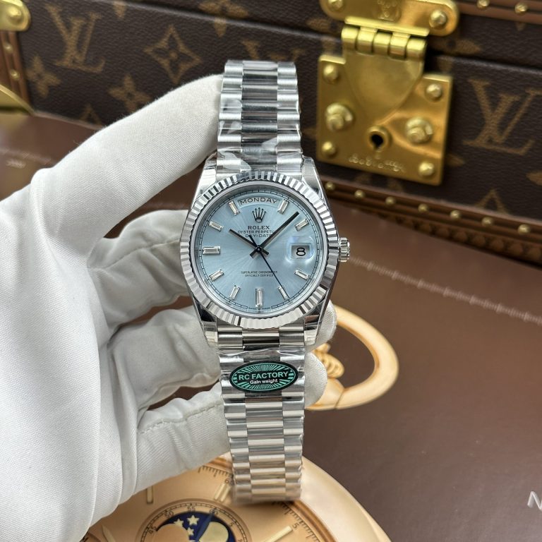 Rolex Day-Date 40mm SS (RC Factory Super Clone) Ice Blue Dial with Fluted Solid 18k White Gold Bezel – Calibre 3255 Automatic