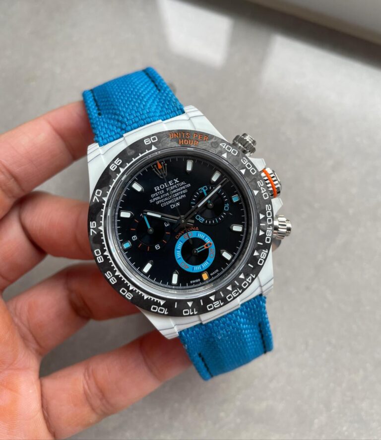 Rolex Daytona (DIW Factory) NTPT Carbon Fibre 40mm (Super Clone) Black Dial on Blue Rubber Strap – Automatic 28800bph