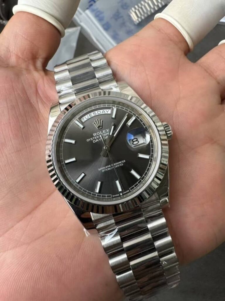 Rolex Oyster Perpetual Day-Date 40 40mm SS (Super Clone) Dark Grey Dial Model No. 228206 on Stainless Steel Oyster Bracelet – Swiss-made Caliber 3255