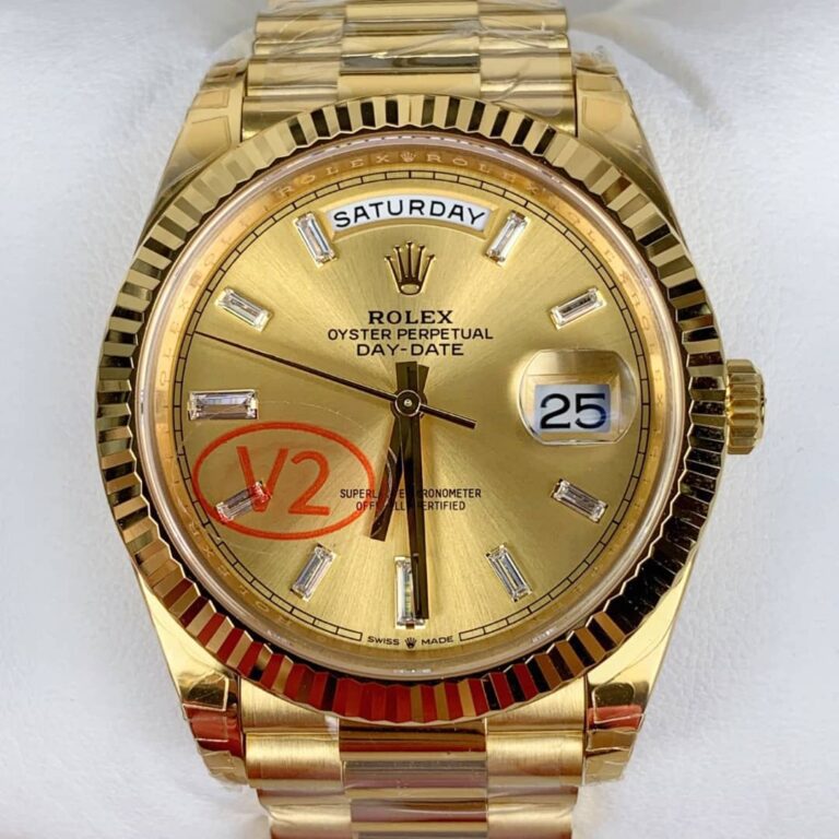 Rolex Day-Date 40 228238 40mm Yellow Gold (Super Clone) Champagne Dial with Baguette Diamond Markers on Yellow Gold President Bracelet - Calibre 3255 Automatic