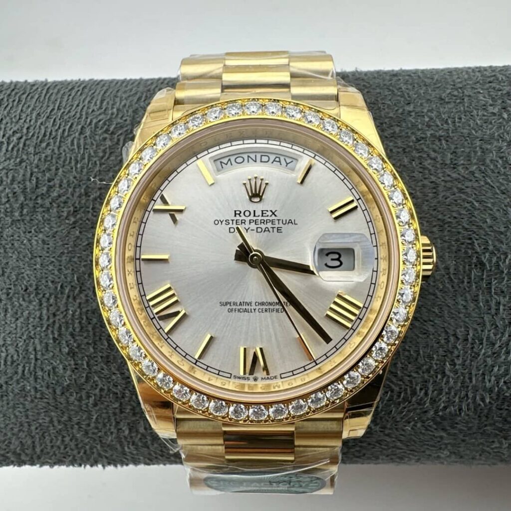 Rolex Day-Date 40 228348RBR 40mm 18K Yellow Gold (Super Clone) Silver Roman Dial with Diamond Bezel – Calibre 3255 Automatic