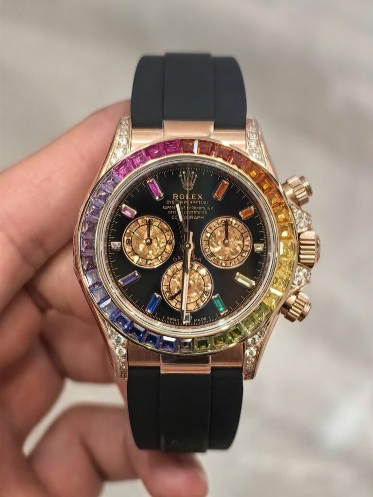 Rolex Cosmograph Daytona Rainbow 116595RBOW 40mm Rose Gold (Super Clone) Black Dial with Rainbow Stone-Set Bezel – Super Copy 4130