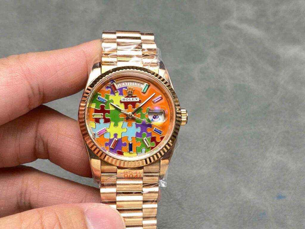 Rolex Day-Date 128235 36mm Rose Gold (Super Clone) Multi-Color Puzzle Emoji Jigsaw Motif Dial – Super Copy 3255 Automatic