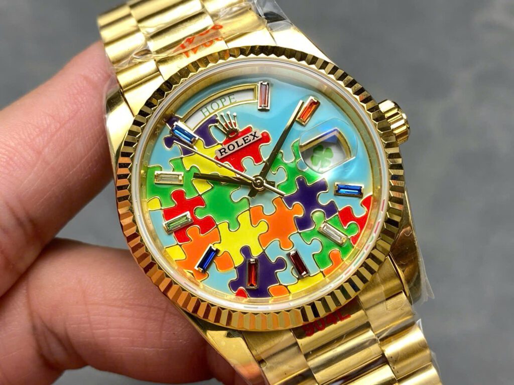 Rolex Day-Date 128238 36mm Yellow Gold (Super Clone) Puzzle Emoji Jigsaw Motif Dial – Super Copy 3255
