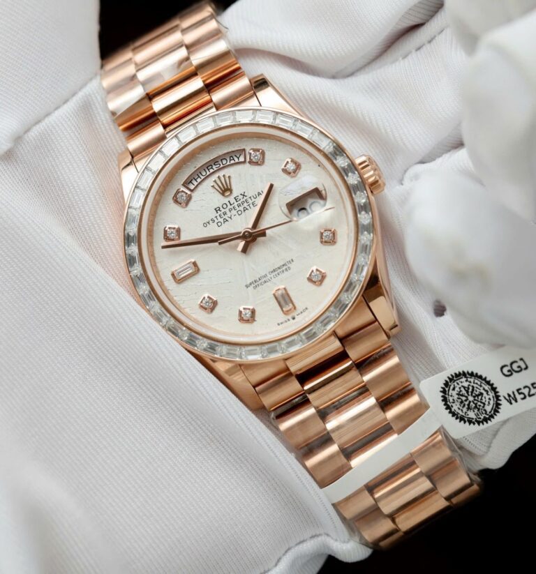 Rolex Day-Date 36mm Gold Wrapped SS (Super Clone) Meteorite Dial with Custom Moissanite Diamond Baguette Bezel – Super Copy Calibre 3255