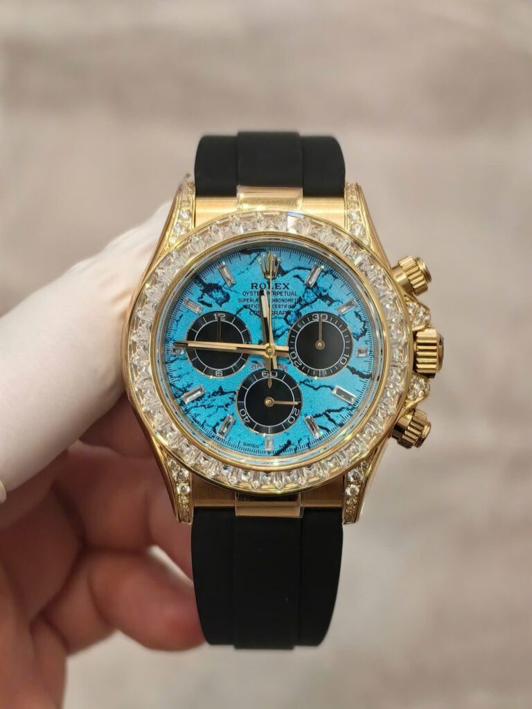 Rolex Daytona 126538TBR 40mm Yellow Gold-tone SS (Super Clone) Turquoise Diamond Dial on Black Oysterflex Strap – Super Copy Calibre 4130