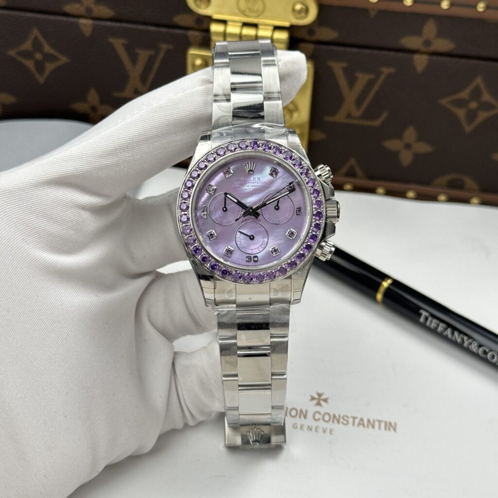 Rolex Daytona 40mm SS (Super Clone) Purple Mother Of Pearl Dial with Custom CZ Stone Bezel